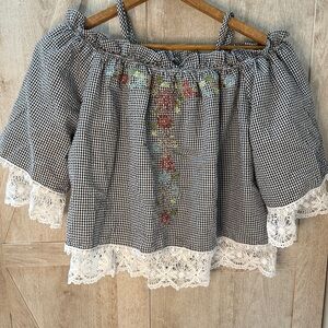 POL Off-Shoulder Embroidered Gingham Cropped with Lace Top
